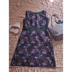 Leslie Fay Black Floral Lace Midi Dress with Purple and Teal Accents